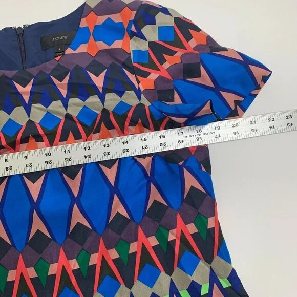 J. Crew Womens Shift Dress Geometric Multicolor Size 6 Short Sleeve Zip Silk - Picture 10 of 11
